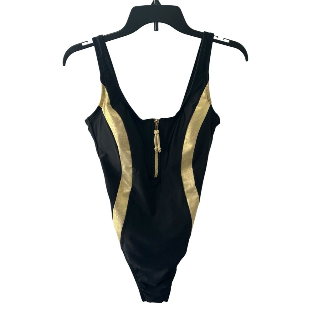 Sports Illustrated One Piece Swimsuit NEW Black Gold Zip Metallic Women Small